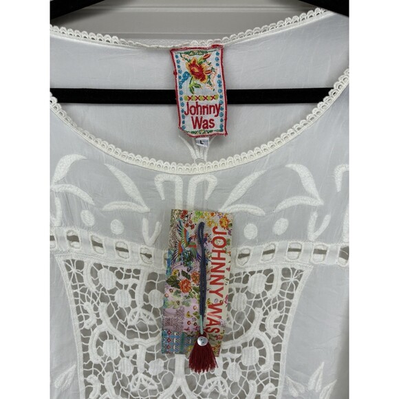 Johnny Was NWT White Embroidered Tunic Blouse 3/4 Sleeve Boat Neck Large - Picture 2 of 7